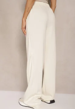 Jasnobeżowe Spodnie o Szerokim Kroju High Waist z Gumką w Pasie Belobira