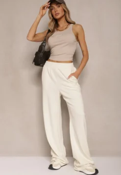 Jasnobeżowe Spodnie o Szerokim Kroju High Waist z Gumką w Pasie Belobira