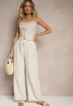 Jasnobeżowe Spodnie o Szerokim Kroju High Waist Edilisea