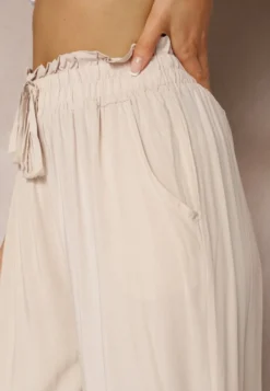 Jasnobeżowe Spodnie Palazzo High Waist z Bawełny Wykończone Gumką w Talii Nellsea