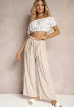 Jasnobeżowe Spodnie Palazzo High Waist z Bawełny Wykończone Gumką w Talii Nellsea