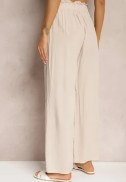 Jasnobeżowe Spodnie Palazzo High Waist z Bawełny Wykończone Gumką w Talii Nellsea