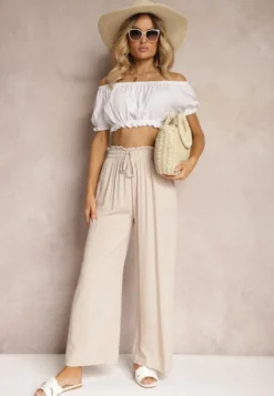 Jasnobeżowe Spodnie Palazzo High Waist z Bawełny Wykończone Gumką w Talii Nellsea
