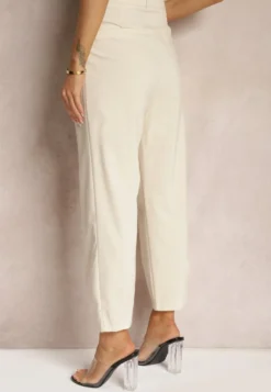 Jasnobeżowe Spodnie Paper Bag High Waist Zapinane na Suwak Nestabella