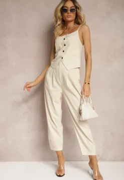 Jasnobeżowe Spodnie Paper Bag High Waist Zapinane na Suwak Nestabella