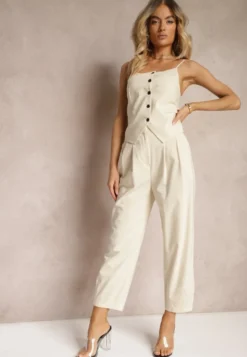 Jasnobeżowe Spodnie Paper Bag High Waist Zapinane na Suwak Nestabella