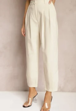 Jasnobeżowe Spodnie Paper Bag High Waist Zapinane na Suwak Nestabella