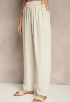 Jasnobeżowe Spodnie z Bawełną o Szerokim Kroju High Waist Fanelithia