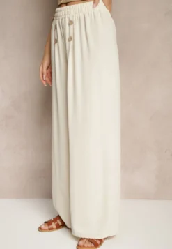 Jasnobeżowe Spodnie z Bawełną o Szerokim Kroju High Waist Ozdobione Guzikami Morritia