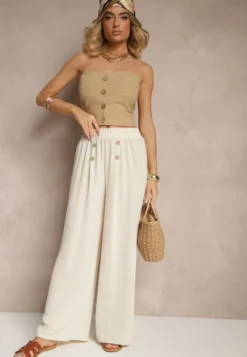 Jasnobeżowe Spodnie z Bawełną o Szerokim Kroju High Waist Ozdobione Guzikami Morritia