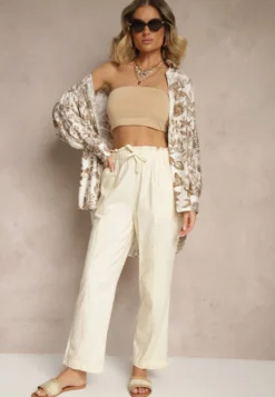 Jasnobeżowe Spodnie z Bawełny High Waist z Wiązaniem Tyswia