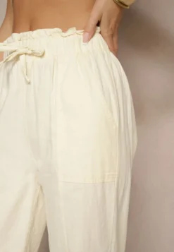 Jasnobeżowe Spodnie z Bawełny High Waist z Wiązaniem Tyswia