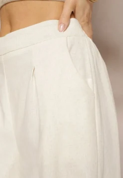 Jasnobeżowe Spodnie z Bawełny i Lnem High Waist Kolalia