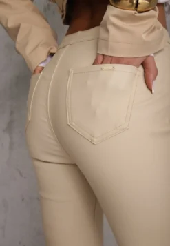 Jasnobeżowe Spodnie z Imitacji Skóry o Fasonie Skinny Sonowa