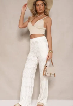 Jasnobeżowe Spodnie z Wiskozą o Szerokim Kroju High Waist Weralis