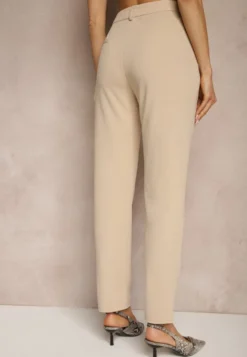 Jasnobeżowe Spodnie z Wiskozą o Garniturowym Kroju High Waist Senaridra