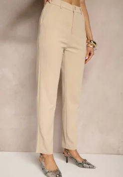 Jasnobeżowe Spodnie z Wiskozą o Garniturowym Kroju High Waist Senaridra