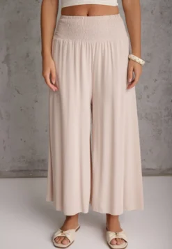 Jasnobeżowe Szerokie Spodnie High Waist o Długości 7/8 Rathi
