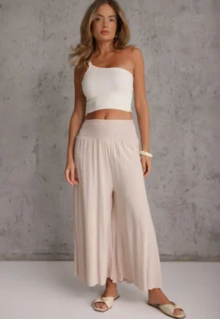 Jasnobeżowe Szerokie Spodnie High Waist o Długości 7/8 Rathi