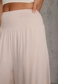 Jasnobeżowe Szerokie Spodnie High Waist o Długości 7/8 Rathi