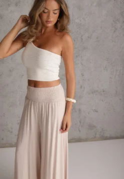 Jasnobeżowe Szerokie Spodnie High Waist o Długości 7/8 Rathi