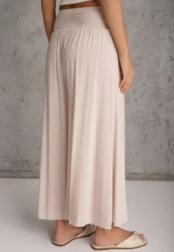 Jasnobeżowe Szerokie Spodnie High Waist o Długości 7/8 Rathi