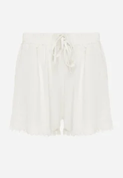 Jasnobeżowe Szorty High Waist z Wiskozą i Bawełną Ozdobione Koronką i Gumką w Pasie Tadea