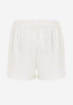 Jasnobeżowe Szorty High Waist z Wiskozą i Bawełną Ozdobione Koronką i Gumką w Pasie Tadea