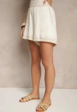 Jasnobeżowe Szorty High Waist z Bawełny z Ozdobnym Haftem Korimizza