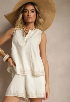Jasnobeżowe Szorty High Waist z Bawełny z Ozdobnym Haftem Korimizza