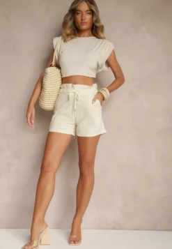 Jasnobeżowe Szorty z Bawełną High Waist z Ozdobnym Sznurkiem Axemia