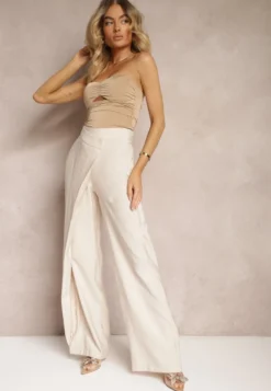 Jasnobeżowe Wiskozowe Spodnie High Waist z Szerokimi Nogawkami Nestali