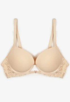 Jasnobeżowy Biustonosz Push-Up z Koronką i Wycięciem z Przodu Sariaris