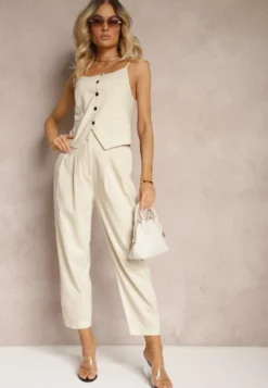 Jasnobeżowy Elegancki Top w Stylu Garniturowym z Guzikami Dimlees