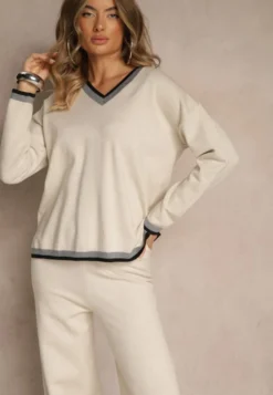 Jasnobeżowy Komplet Dzianinowy Sweter i Spodnie Wide Leg z Ozdobną Lamówką Ralenia