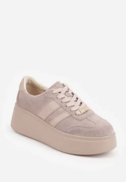 Jasnobeżowy Sneakersy na Platformie z Zamszu Naturalnego ze Skórzaną Wkładką Heizeiros