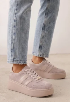 Jasnobeżowy Sneakersy na Platformie z Zamszu Naturalnego ze Skórzaną Wkładką Heizeiros