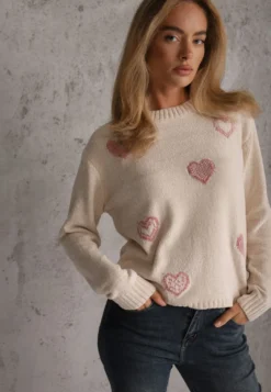 Jasnobeżowy Sweter z Bawełną w Serca Veliko