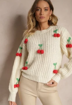 Jasnobeżowy Sweter ze Ściągaczami w Wisienki Ventinnia