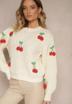 Jasnobeżowy Sweter ze Ściągaczami w Wisienki Ventinnia