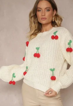 Jasnobeżowy Sweter ze Ściągaczami w Wisienki Ventinnia