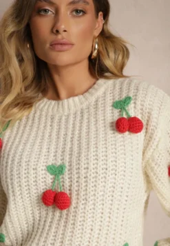 Jasnobeżowy Sweter ze Ściągaczami w Wisienki Ventinnia