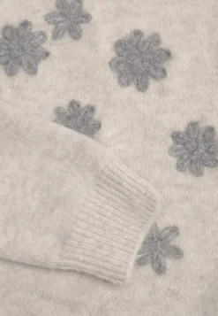 Jasnobeżowy Sweter z Wełną Bawełną i Kwiatowym Haftem Merisse