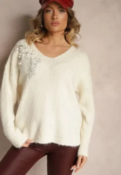 Jasnobeżowy Sweter z Wełną Ozdobiony Cekinami i Kwiatami 3D Calimi