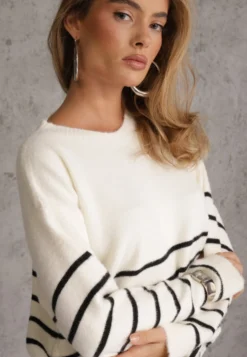Jasnobeżowy Sweter z Wełną w Paski Basic Margela