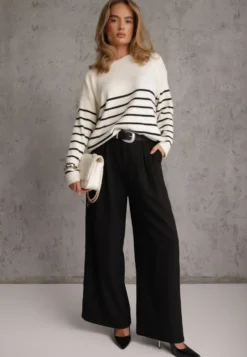 Jasnobeżowy Sweter z Wełną w Paski Basic Margela