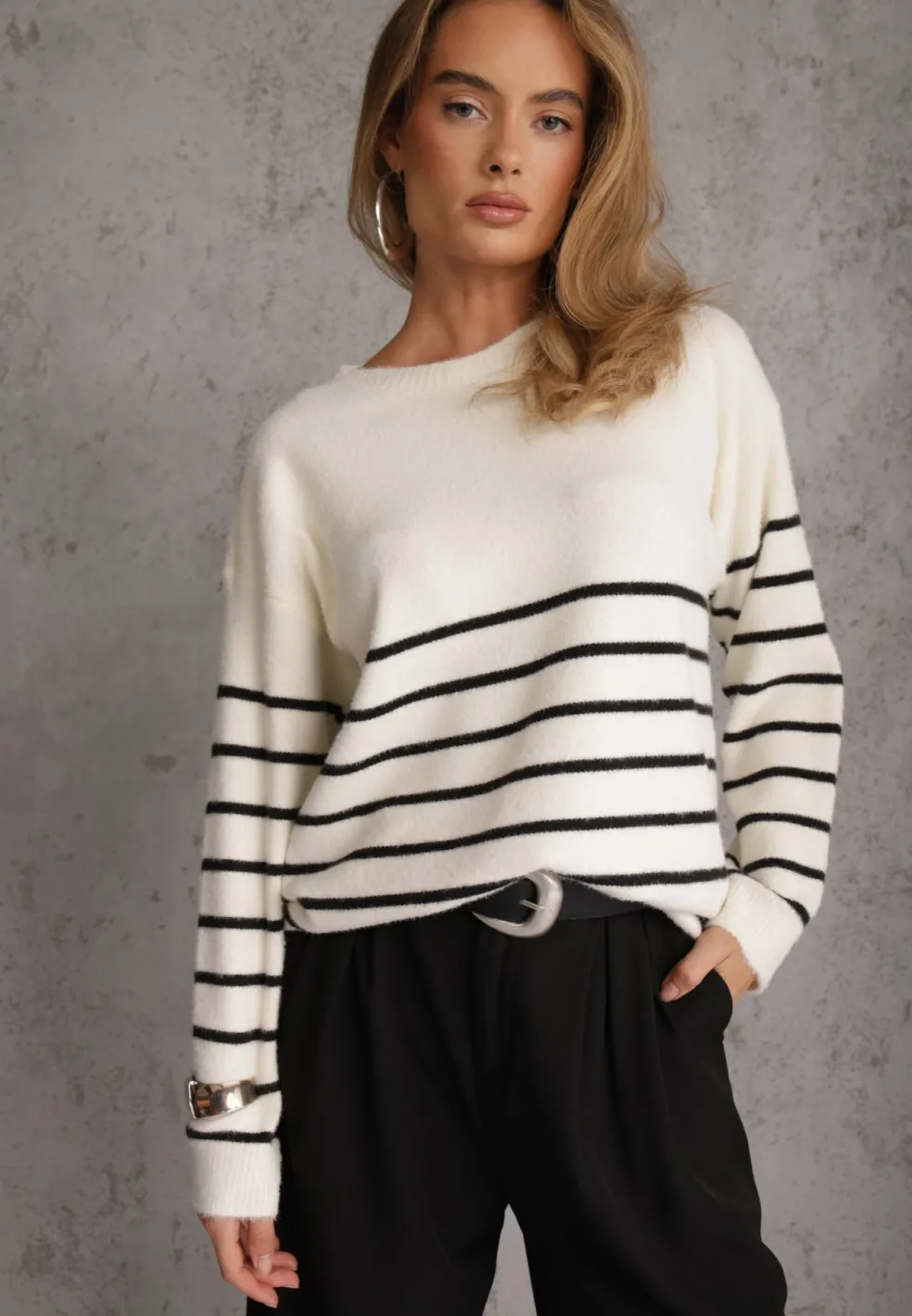 Jasnobeżowy Sweter z Wełną w Paski Basic Margela