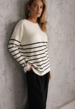Jasnobeżowy Sweter z Wełną w Paski Basic Margela