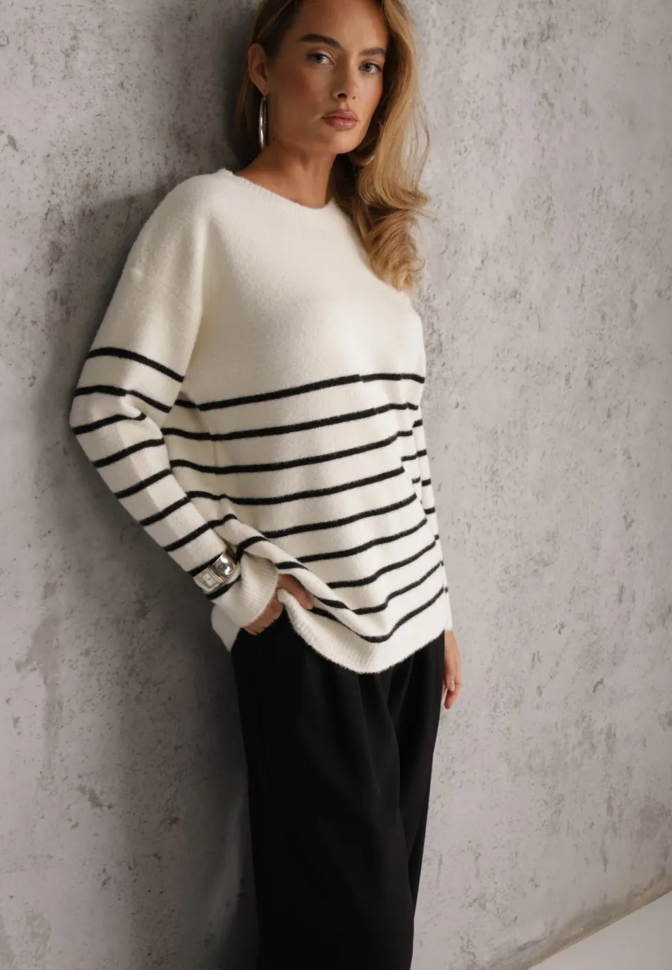 Jasnobeżowy Sweter z Wełną w Paski Basic Margela