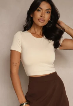 Jasnobeżowy T-shirt Cropped z Wiskozą Efranessa